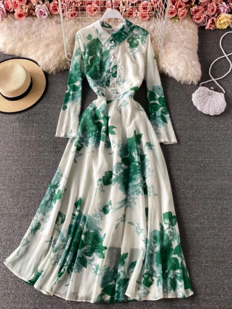 

Gentle wind big swing shirt neck dress spring vintage ink painting print temperament slim long skirt dress skirt