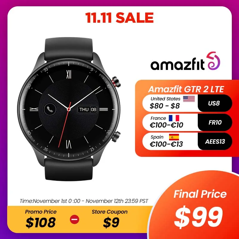  Global Version Amazfit GTR 2 LTE Smartwatch 1.39'' HD AMOLED Screen Music Play Fitness Track Smart Watch For Android iOS Phone 