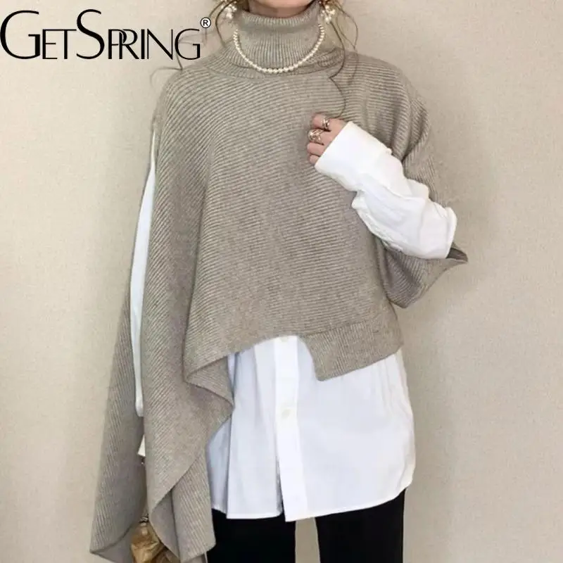 

GetSpring женский свитер без рукавов водолазка вязаный жилет универсальные пуловеры Асимметричные свободные женские Топы Осень-зима 2022