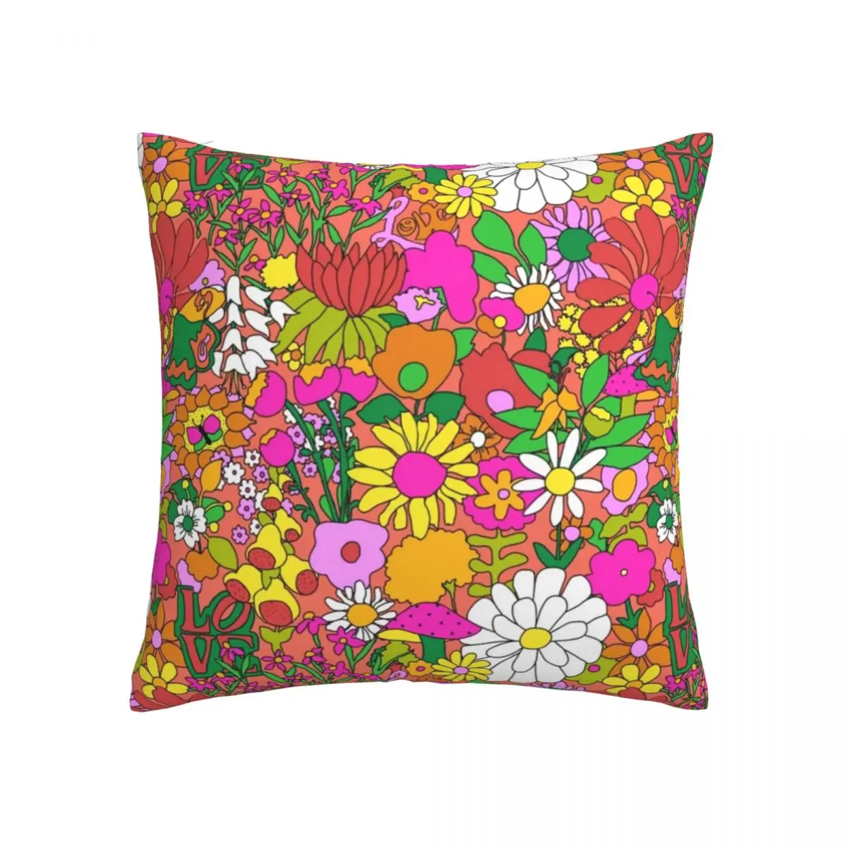 

Peace Flower Power Pillow Case 60S Groovy Garden Retro Polyester Pillowcase Cushion Zipper Spring Cover