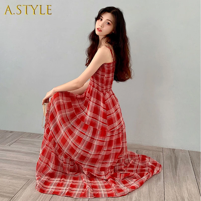 

A GIRLS Sleeveless Dress Women Plaid Retro Maxi Shirring Elegant Harajuku Simple Leisure Female Popular Classic Vacation