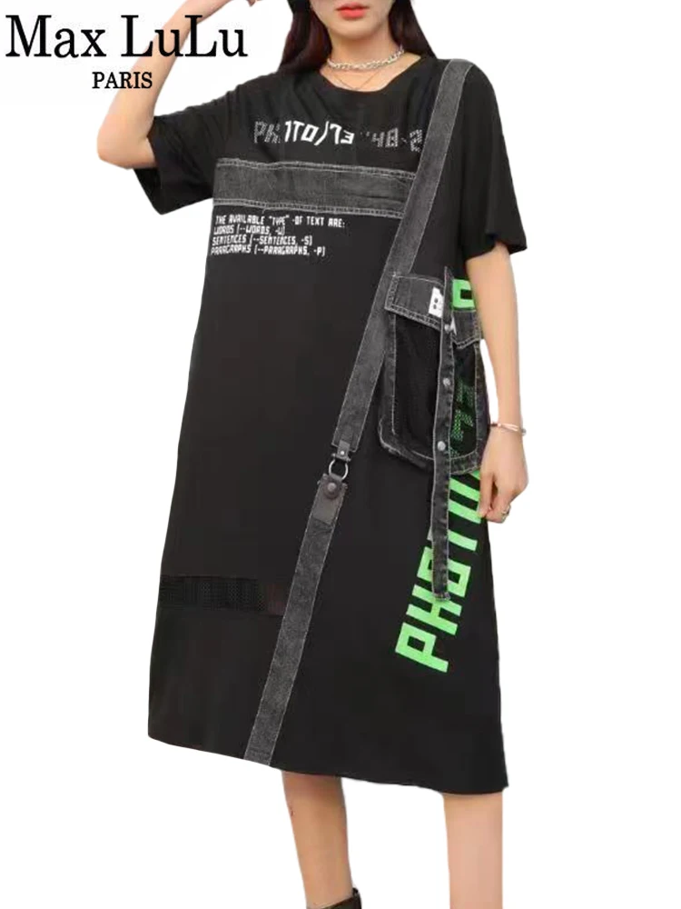 

Max LuLu 2023 Summer Fashion Clothes Womens Vintage Punk Loose Printed Mesh Denim Dresses Ladies Luxury Classic Casual Vestidos