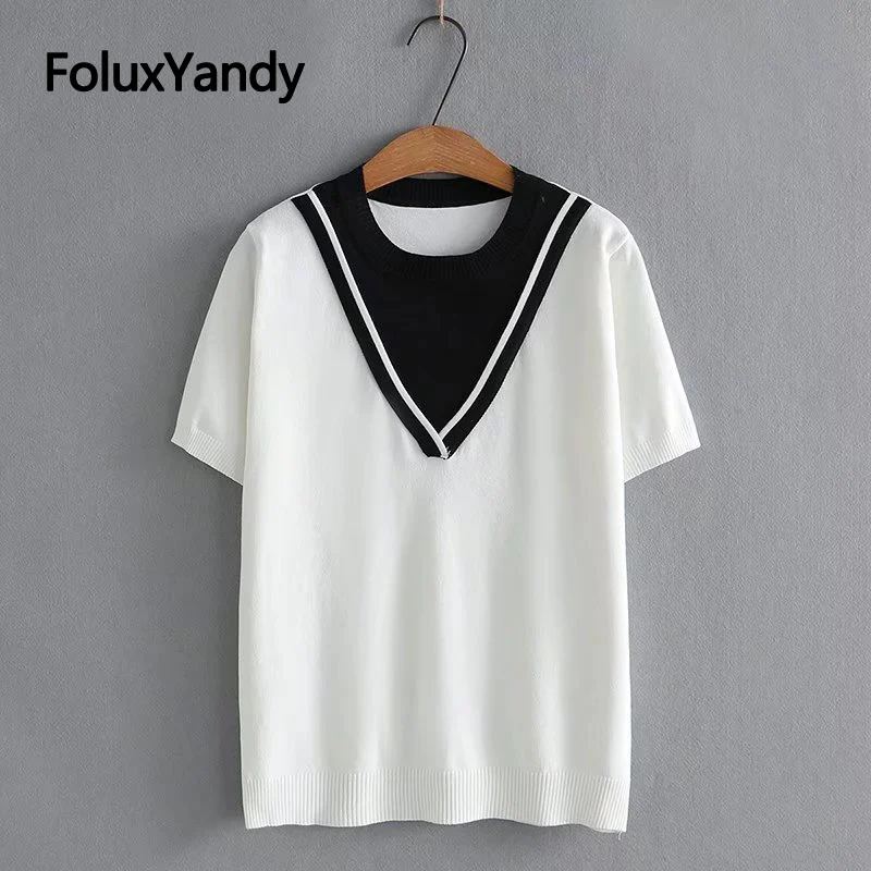 

Patchwork Knitted Women Tops 3XL 4XL Plus Size Tops Casual O Neck Short Sleeve Summer T-shirts Black White KKFY6012