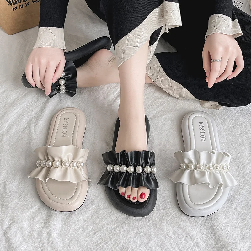 

Female Shoes Slippers Women Summer Med Platform Slides Fashion 2022 Soft Flat Luxury PU Rubber Basic Flat Shoes Female Woman's S