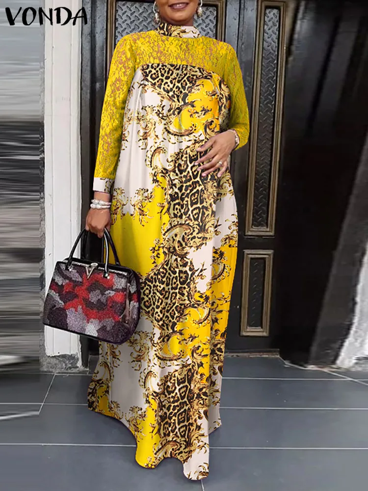 

VONDA Vintage Women Fashion Pleated Robe Party Printed Sundress Long Sleeve Lace Patchwork Holiday Dresses Female Maxi Vestidos