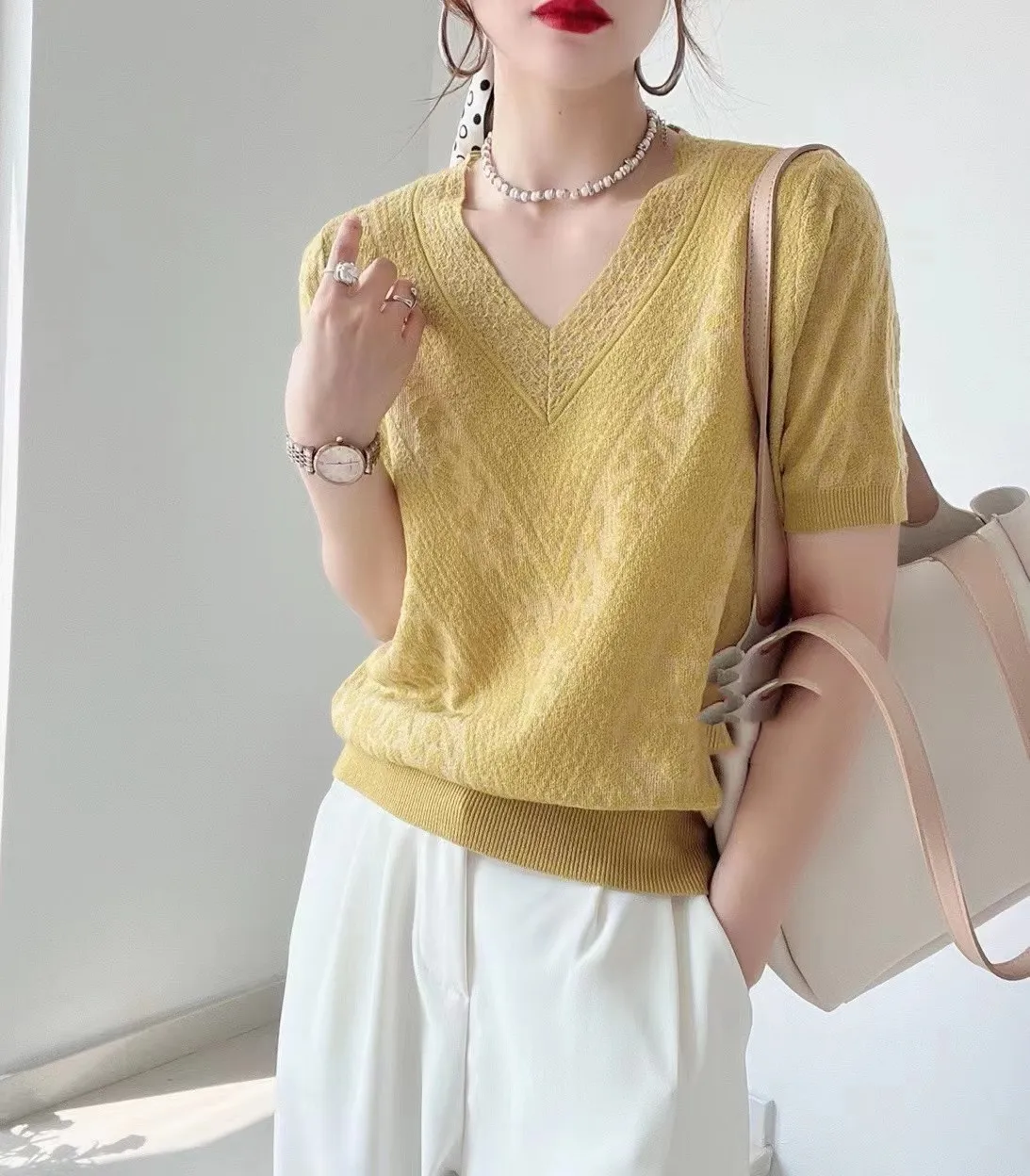 

Women Hook Flower Hollow Aesthetic Short Sleeve T Shirt Knitting Woman Blouses Top Summer Chic Loose Korean Style V-neck Tshirt