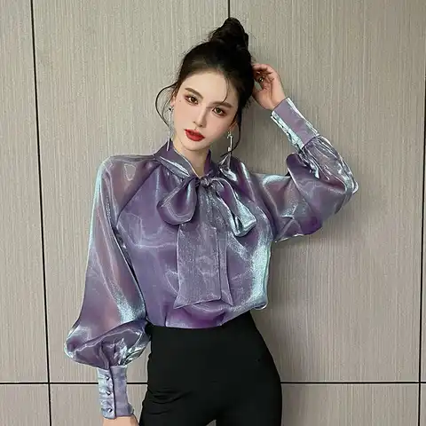 Chiffon Women Shirts Summer 2023 Solid Long Sleeve Fashion Y2k Blouses Loose Korean Top Bow New Casual Blusa Feminina