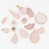 rose quartz gold plated edge necklace pendant water drop peach heart fan charm pendant for jewelry making diy bracelet accessory