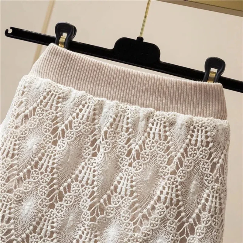 Корейская мода осень женская однотонная эластичная кружевная ажурная одежда с