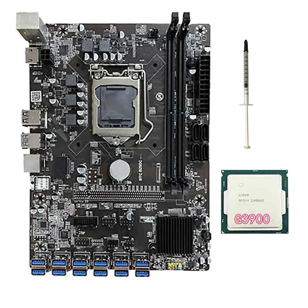 

B250C BTC Mining Motherboard with G3900 CPU+Thermal Grease 12 USB to PCI-E Graphics Slot LGA1151 DDR4 DIMM RAM SATA3.0