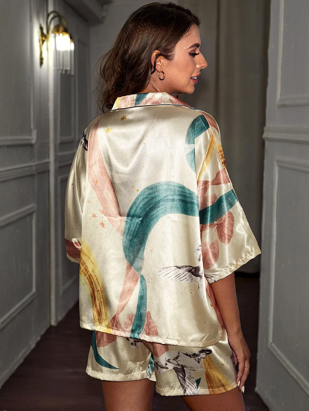 Fashion Pajamas Set for Women Half Sleeve Sleepwear Button Down Satin Floral Print Comfortable Homewear Leisure Loungewear