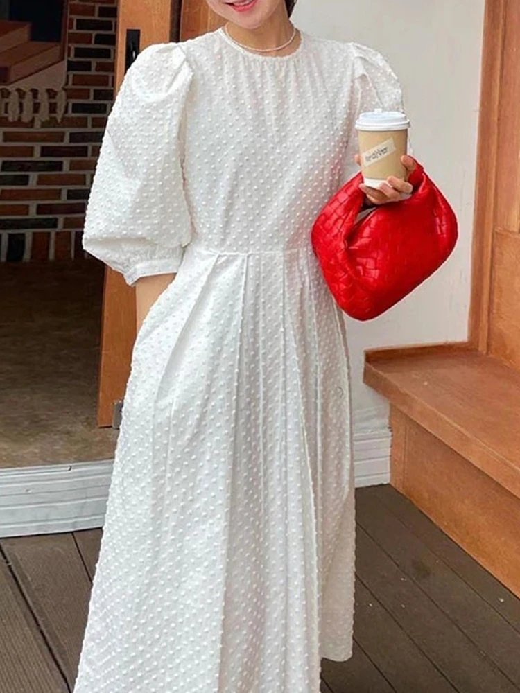 

New Fashion Vintage Women's Puff Short Sleeves Chic Loose Dresses Female Casual A-line Midi Vestidos