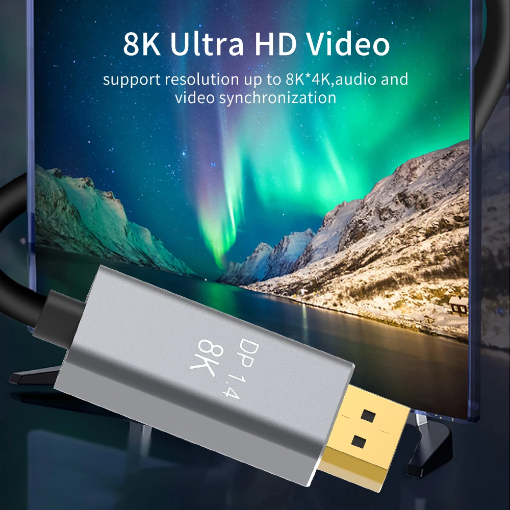 Фото Переходной кабель типа C — DP 8K с алюминиевым корпусом и позолотой. Поддержка 8K при 60 Гц, 4K при 120 Гц для сверхвысокого разрешения YIWENTEC. №4