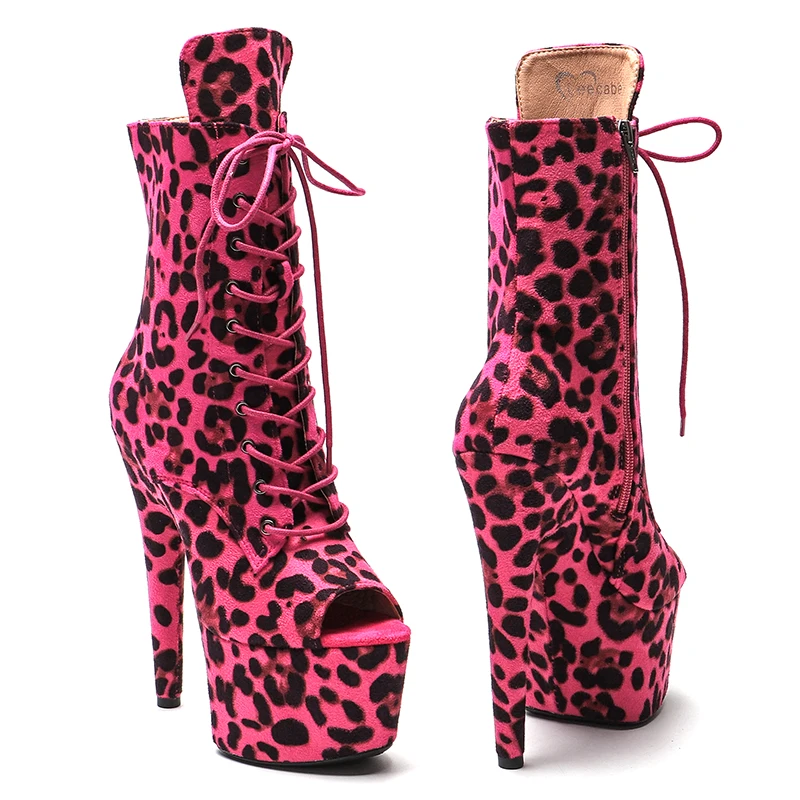 Leecabe 17CM/7Inches Leopard upper High Heel platform Boots Open toe  Pole Dance boot