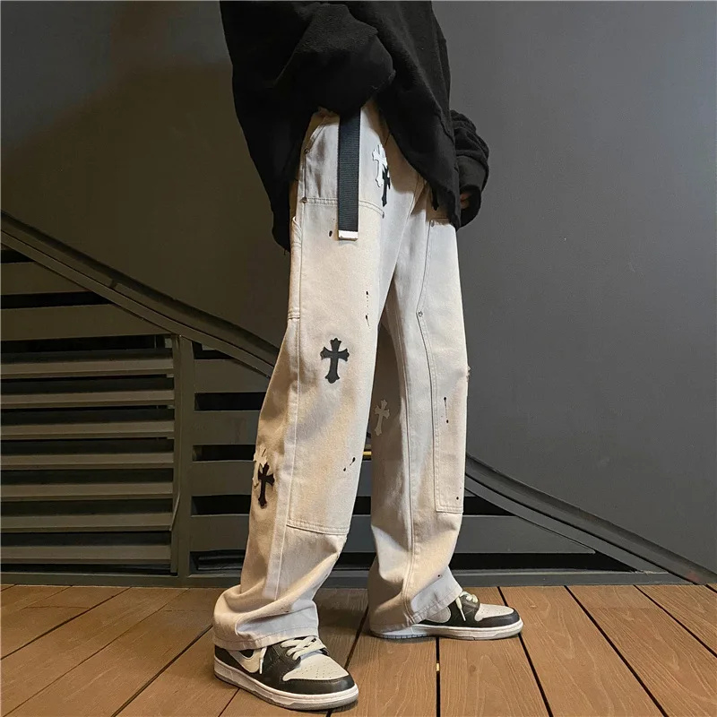 Four Seasons Men's Jeans Harajuku High Street Fork Print Straight Loose Wide Leg Casual Pants Fashion Street Men's Ins Hot Sale