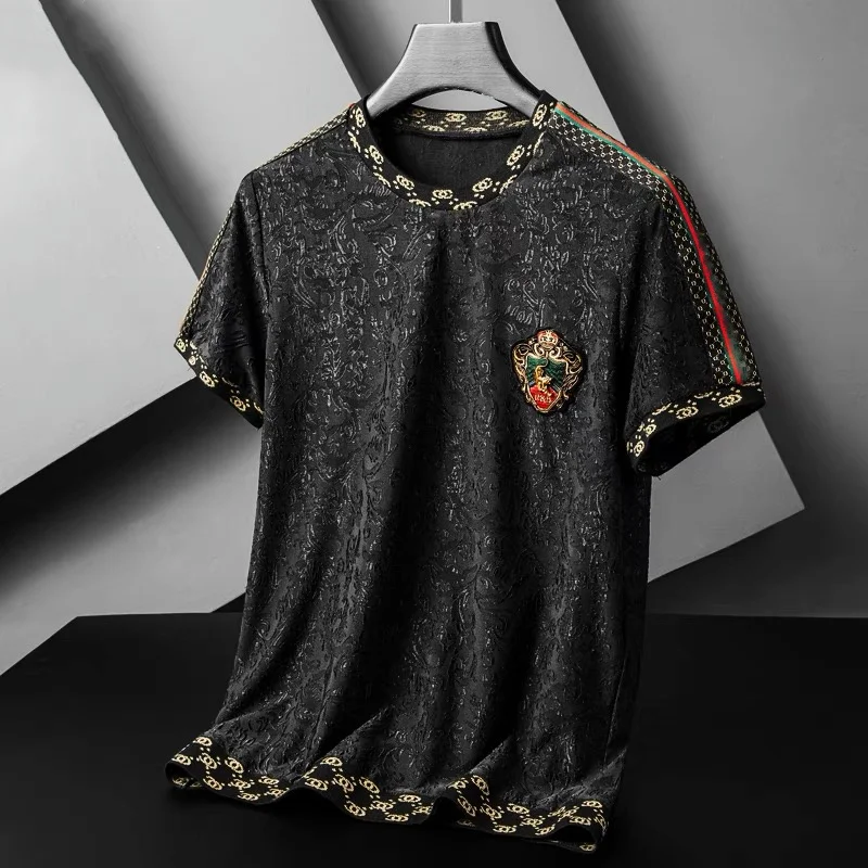 

luxury jacquard European short sleeve t-shirt men's round neck summer new large embroidery badge Korean half sleeve Fashion Top
