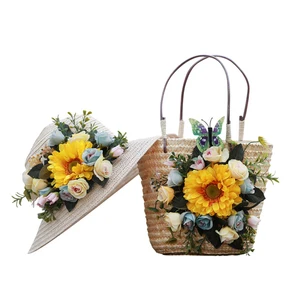 Summer Women Straw Handbag Flowers Woven Handmade Knitted Small Totes Bohemia Women Flower Beach Bag with Sun Hat 2021 New