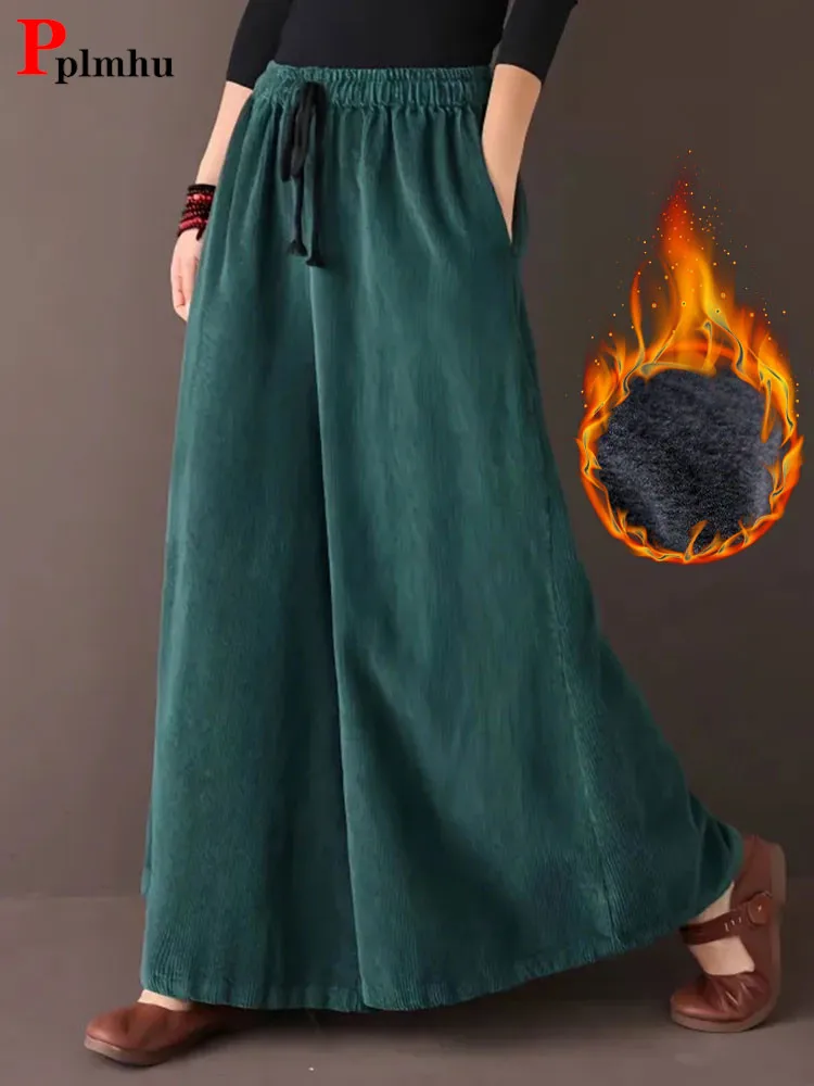 Womens Corduroy Thicken Culotte Pants Winter Warm Vintage Wide Leg Pantalones Casual High Waist Baggy Plus Velvet Trousers 2023