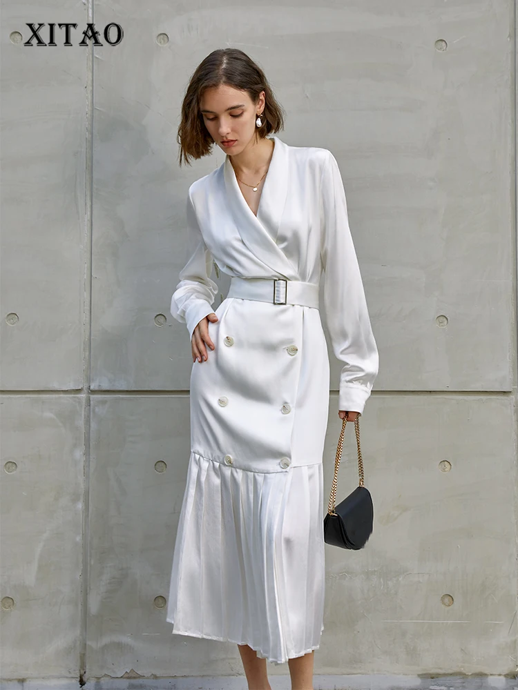 

XITAO темпераментное платье, одноцветное, Бандажное, двубортное, костюм, платье, плиссированное, с подолом, летнее, простое, новое для женщин, ...