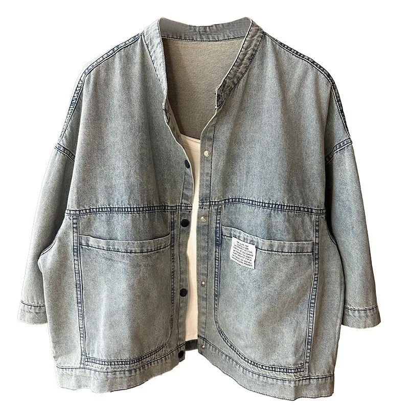 Женская джинсовая куртка с длинным рукавом свободная однобортная хлопковая из