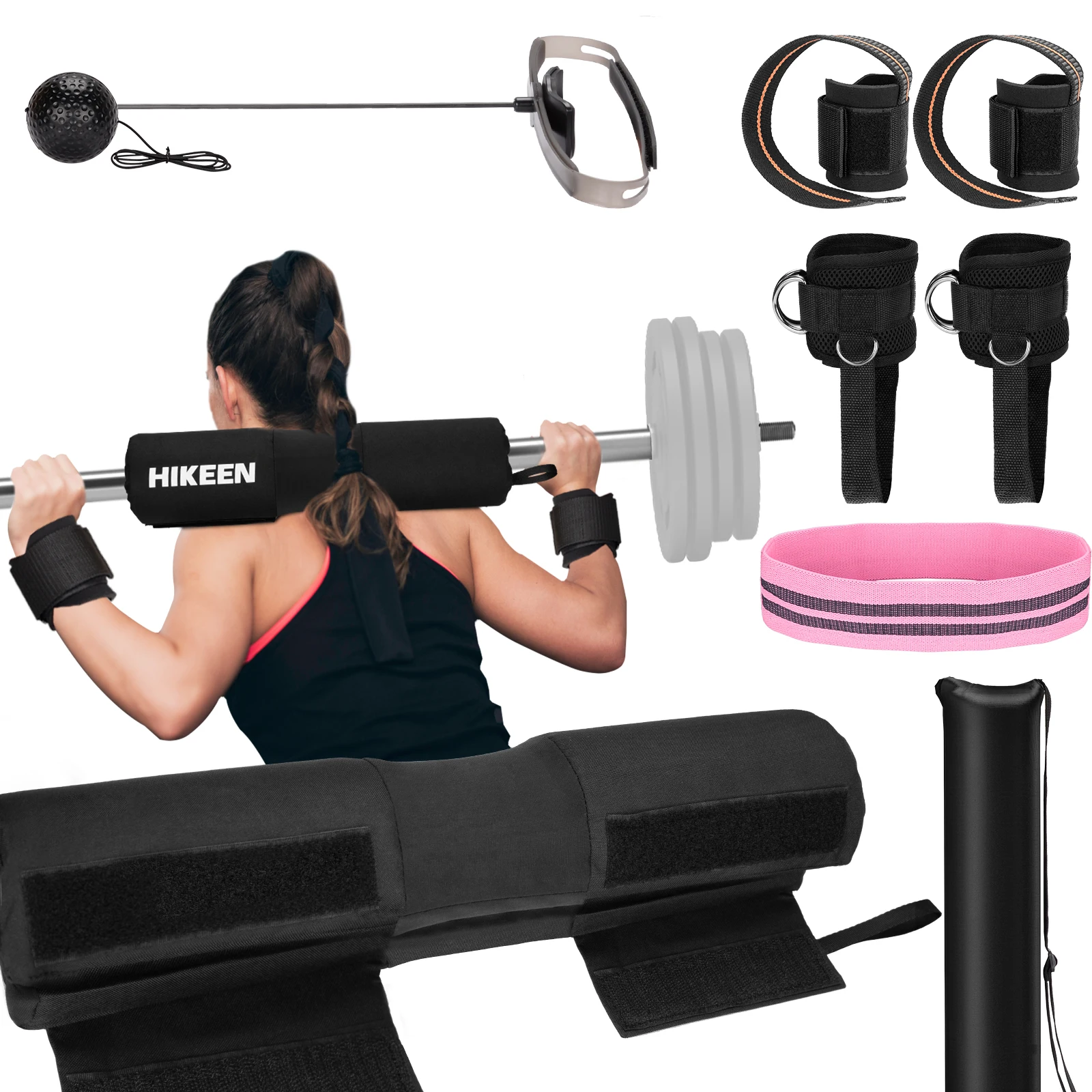 9PCS Upgraded Barbell Squat Pad Standard Olympic Bars WeightLifting Straps Boxing Reflex Ball Fitness Foam Set For Hip Thrusts