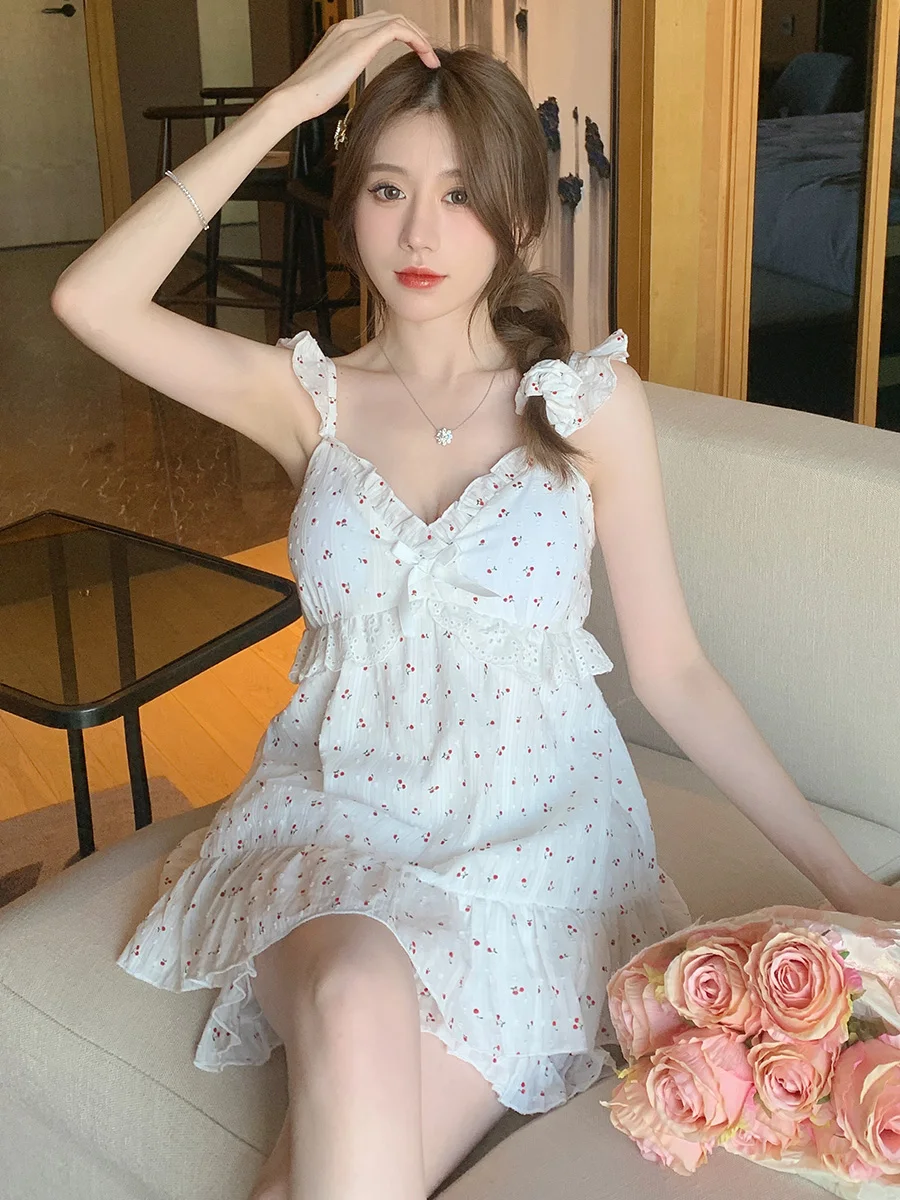 Japanese retro floral cotton pajamas women's summer sexy sling homewear set with chest pad