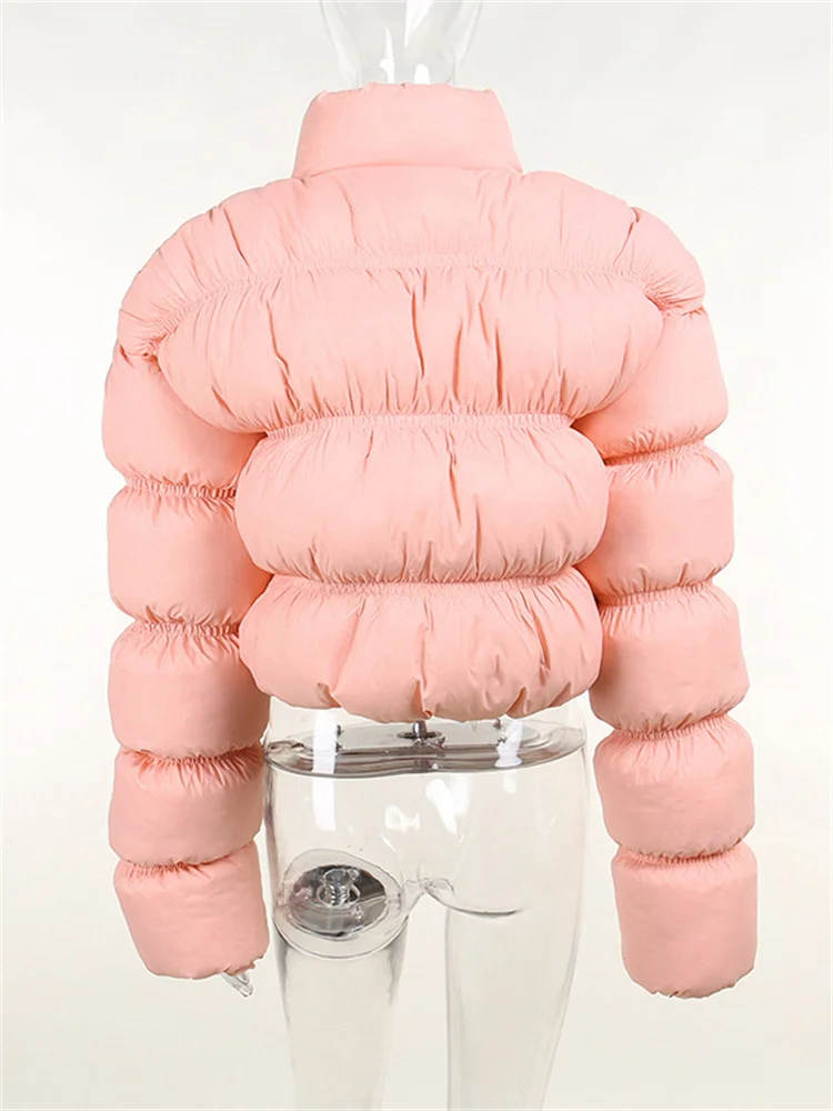 Casual Winter Long Sleeve Zipper Crop Top Bubble Pink Puffer Jacket For Women Outfits Fashion Outdoor Keep Warm Coats Wholesale