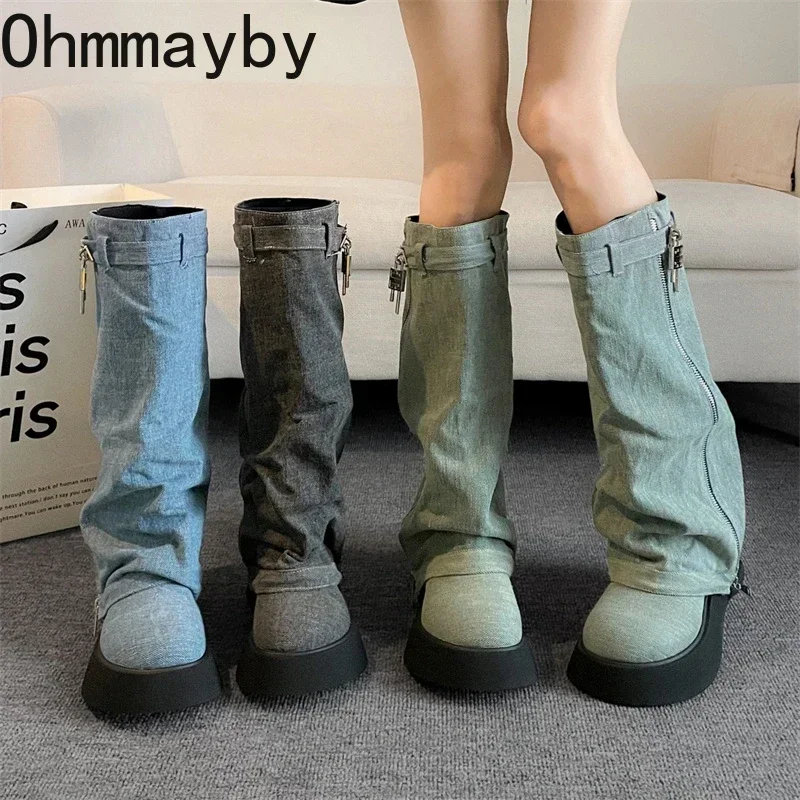 

New Winter Women Thigh High Boots Fashion Round Toe Slip On Ladies Casual Long Boots Thick Bottom Shoes