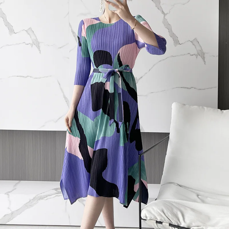 YUDX Miyake Pleated Spring Summer 2023 Long Pleated Dresses Tied Long Skirt Thin Fashion Purple Loose Large Size Ladies Skirt