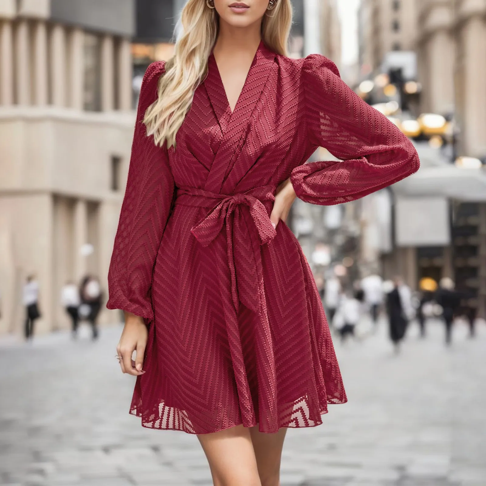 

Women Party Dress V Neck Ruffle Long Sleeve Tie Waist Mini Dress For Women Fashion High Street Elegant Office Lady Belt Dresses