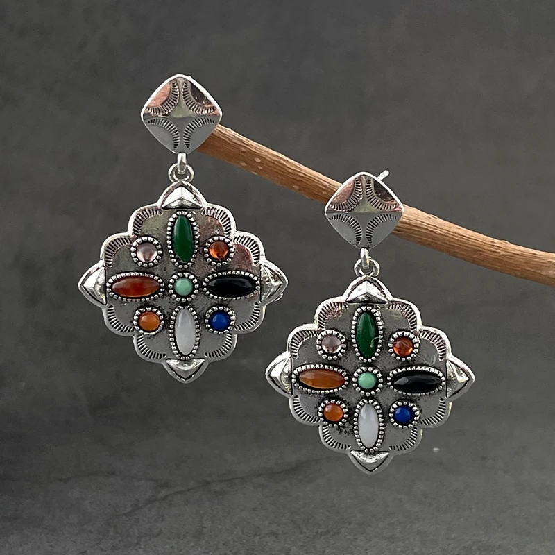 

New Retro Ethnic Style Antique Silver Pattern Paired With Exotic Colorful Gemstone Earrings