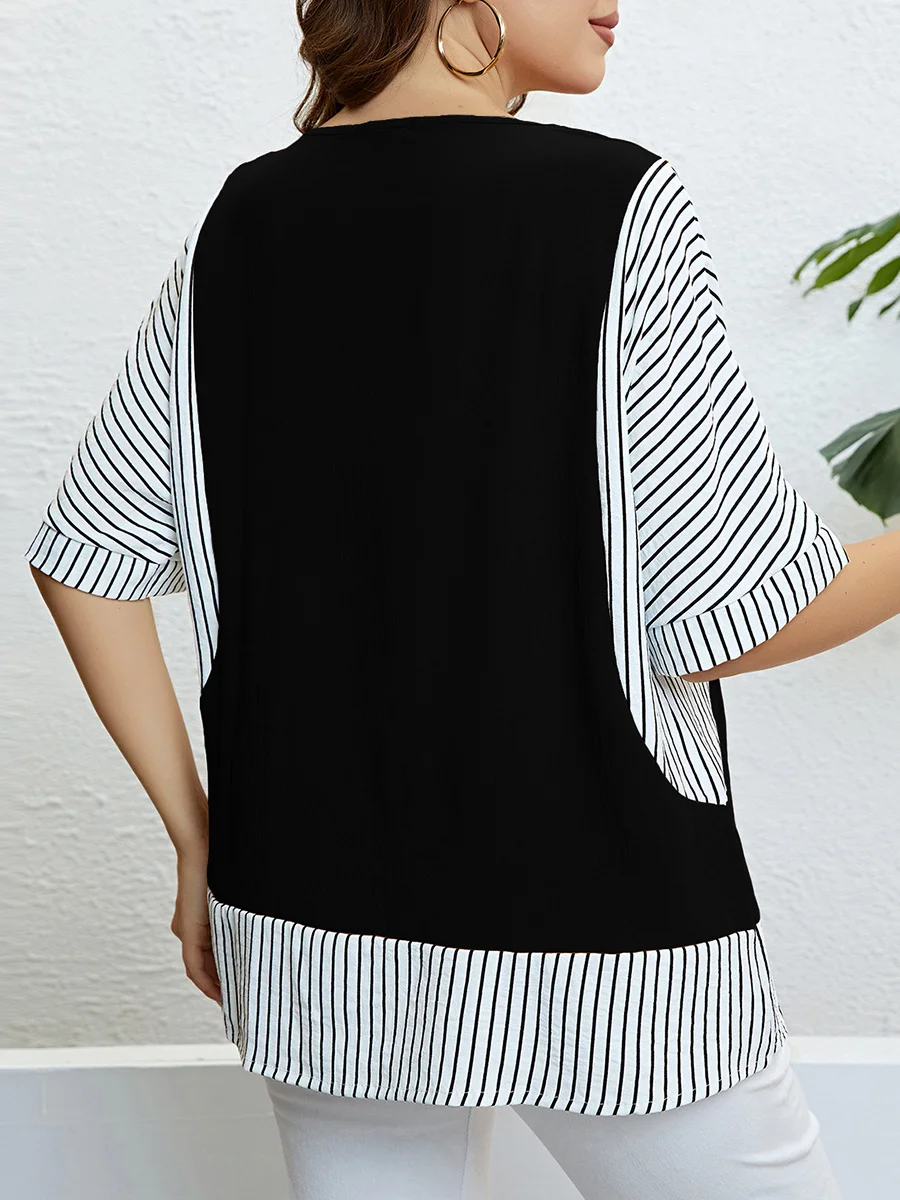 Summer crewneck panels fake two plus-size blouses roupas femininas plus size tops for women