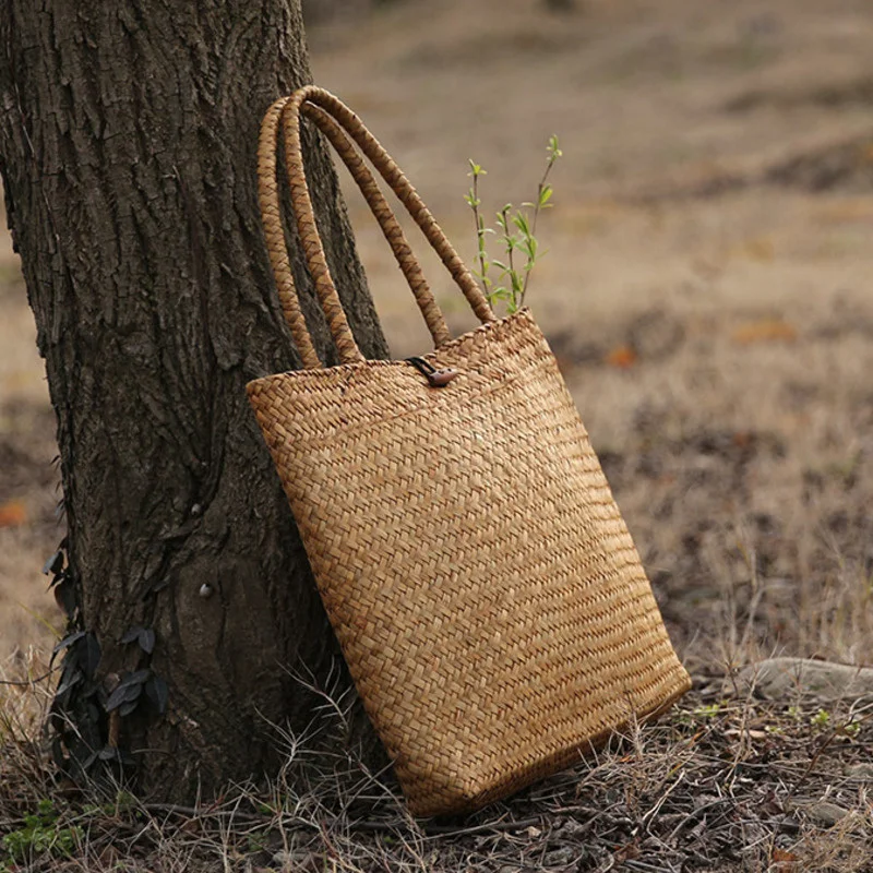 

Вместительная винтажная плетеная сумка ручной работы, женские сумки на одно плечо из ротанга, текстурная вязаная Холщовая Сумка-тоут для хр...