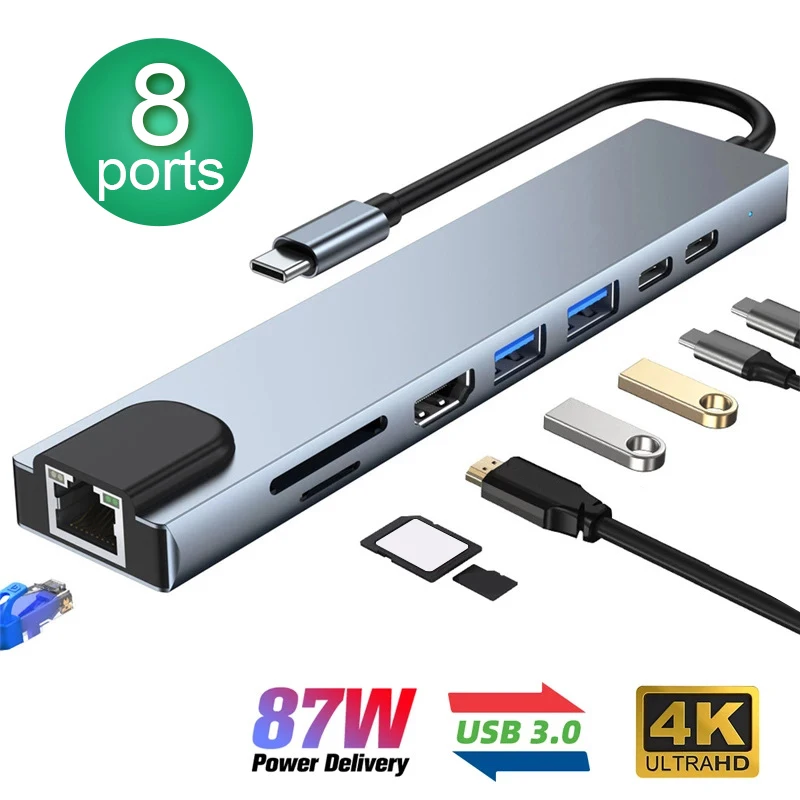 

USB-концентратор 8 в 1, Type C, 3,1 на 4K, HDMI, с кардридером RJ45, SD/TF