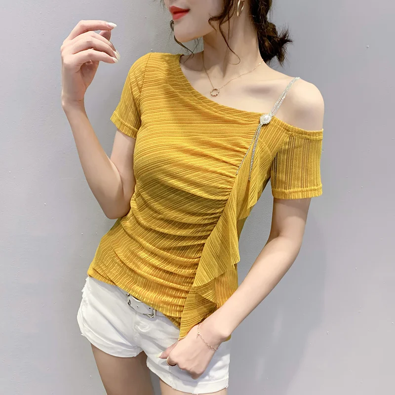 

#7337 Yellow Red Black Mesh T Shirt Women Spliced Ruffles Thin Off Shoulder Tshirt Slim Thin Sexy Woman T-shirts Short Sleeves