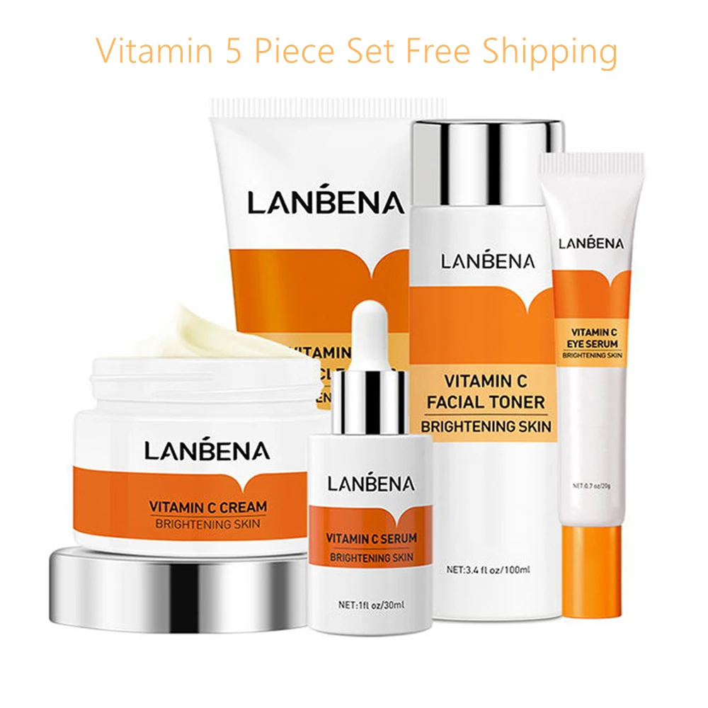 

LANBENA Vitamin C Whitening Face Care Set Serum Facial Cream Eye Serum Toner VC Essence Cleanser Freckle Whitening SkinCare 5PCS