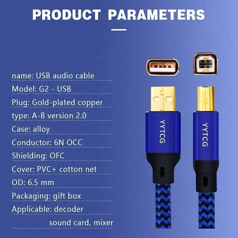 Фото Кабели для передачи данных и аудио, Hi-Fi USB-кабель, высококачественный кабель для принтера, Type A-B, 6N OCC, провод для колонок, для декодера, звуковой карты, микшера, синий, 1м, 1.5м, 2м №4