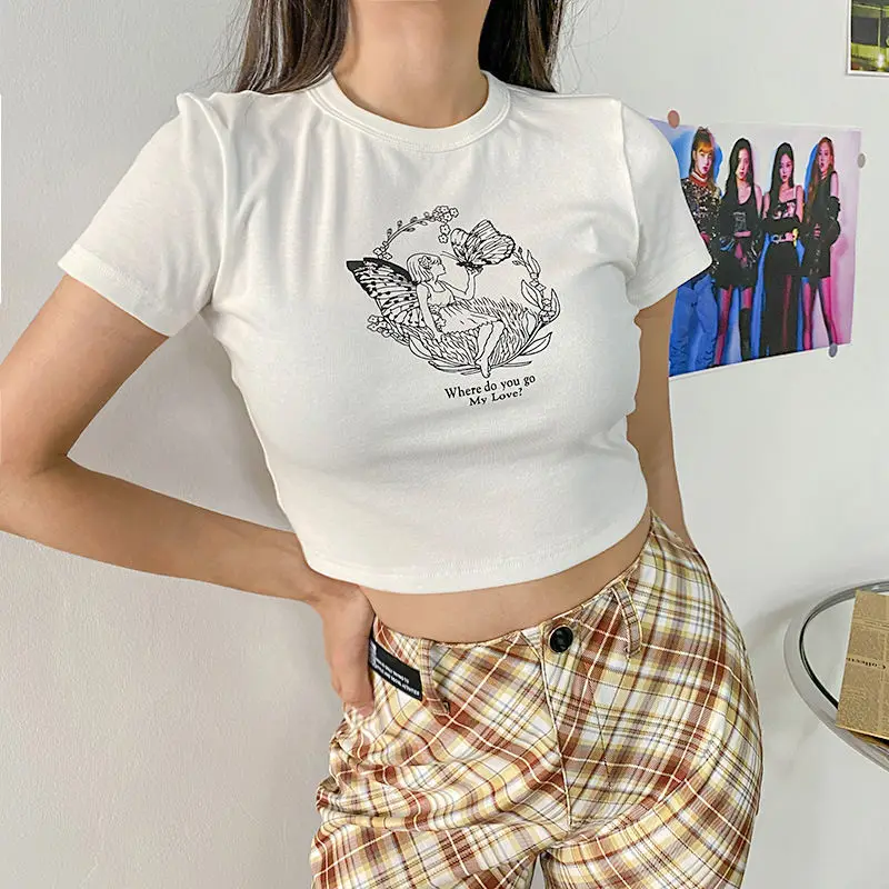 

Cutistation Where Do You Go My Love Crop Tops y2k Angel Printed Baby Tee White Crew Neckline Short Sleeve Slim Graphic T Shirts