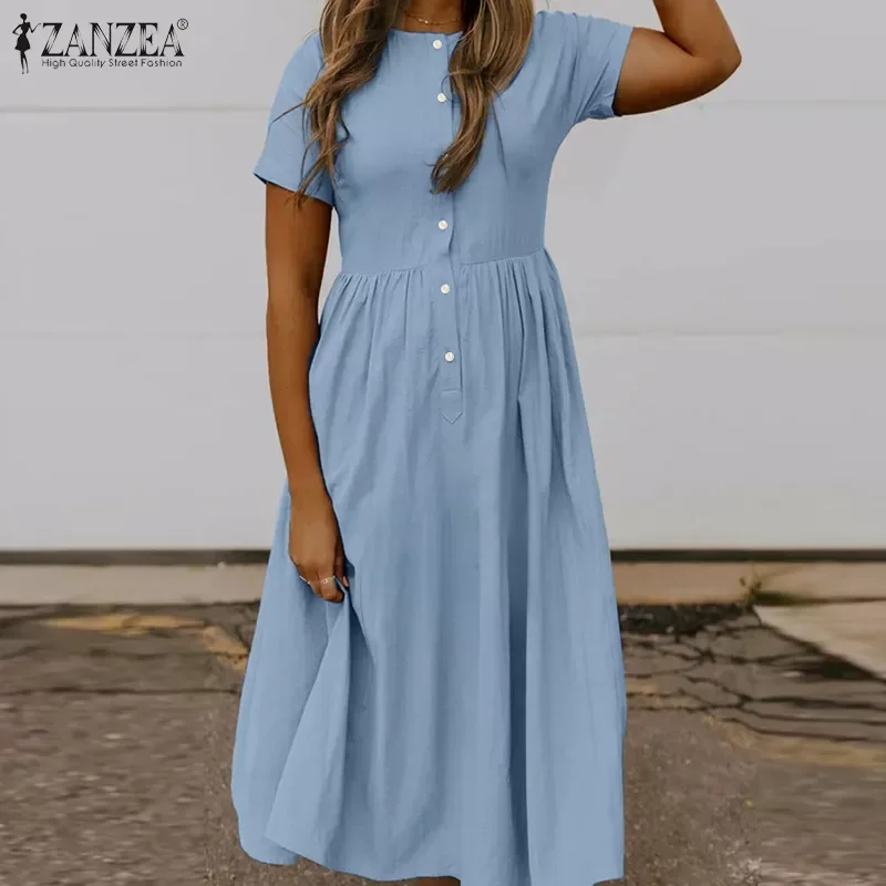 

Women Summer Sundress ZANZEA 2022 Kaftan Solid Shirt Dress Casual Short Sleeve Midi Vestidos Female High Waist Robe Oversized