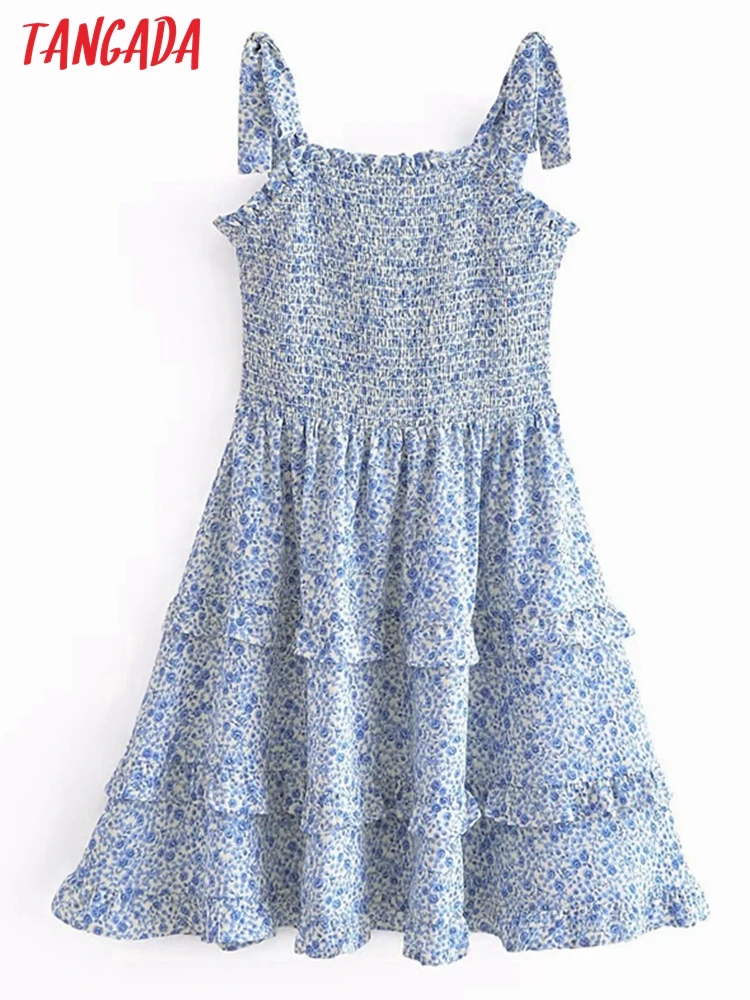 

Платье-мини женское голубое с цветочным принтом и бантом