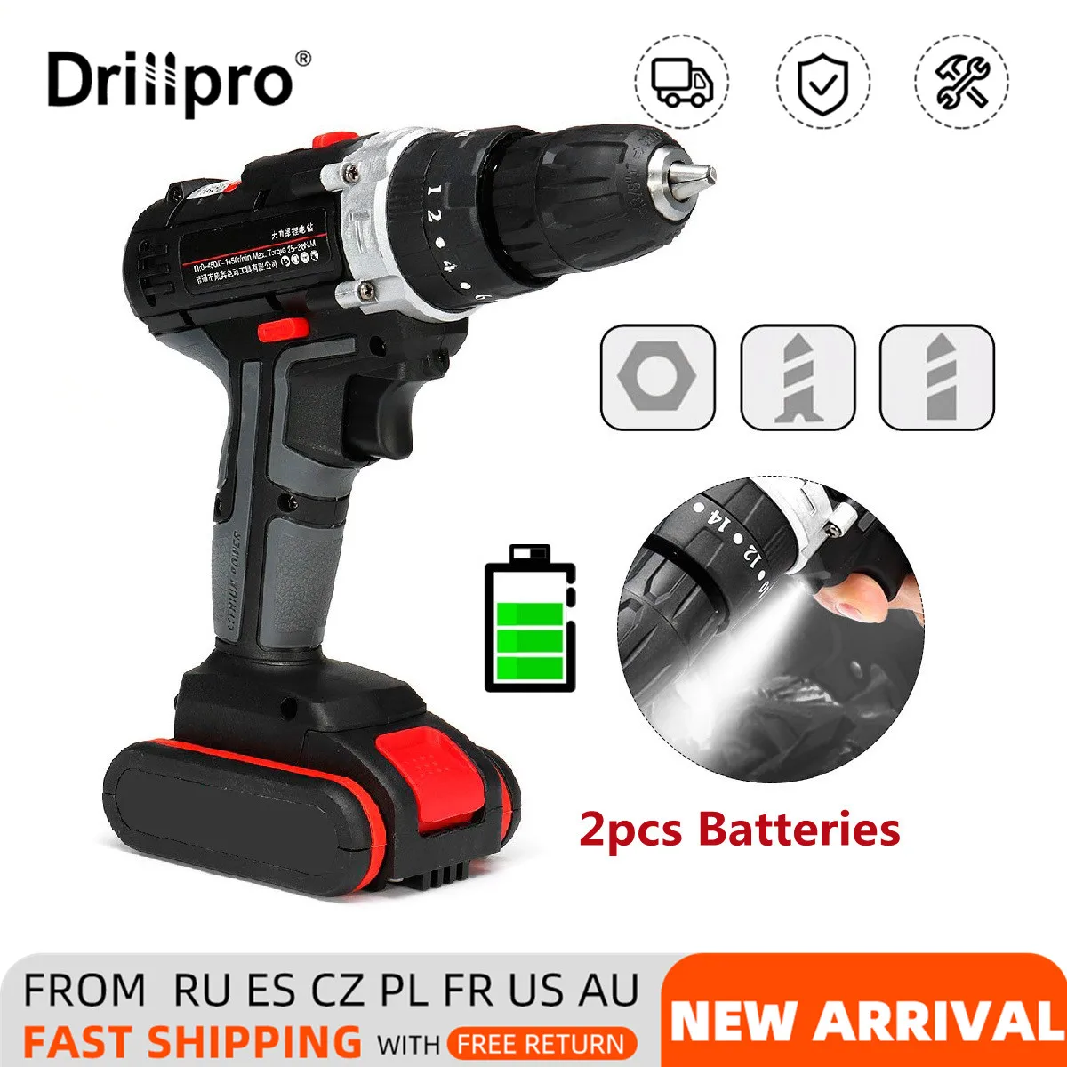 

Электрическая дрель 3 в 1, ударная дрель, беспроводной шуруповерт с 2 литий-ионными батареями, электроинструменты «сделай сам» для деревообр...