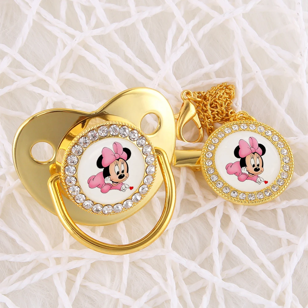 

Disney Minnie Mouse Image Baby Pacifier With Chain Clip Bling Rhinestones Newborn Infant Soother BPA Free Silicone Dummy Nipple