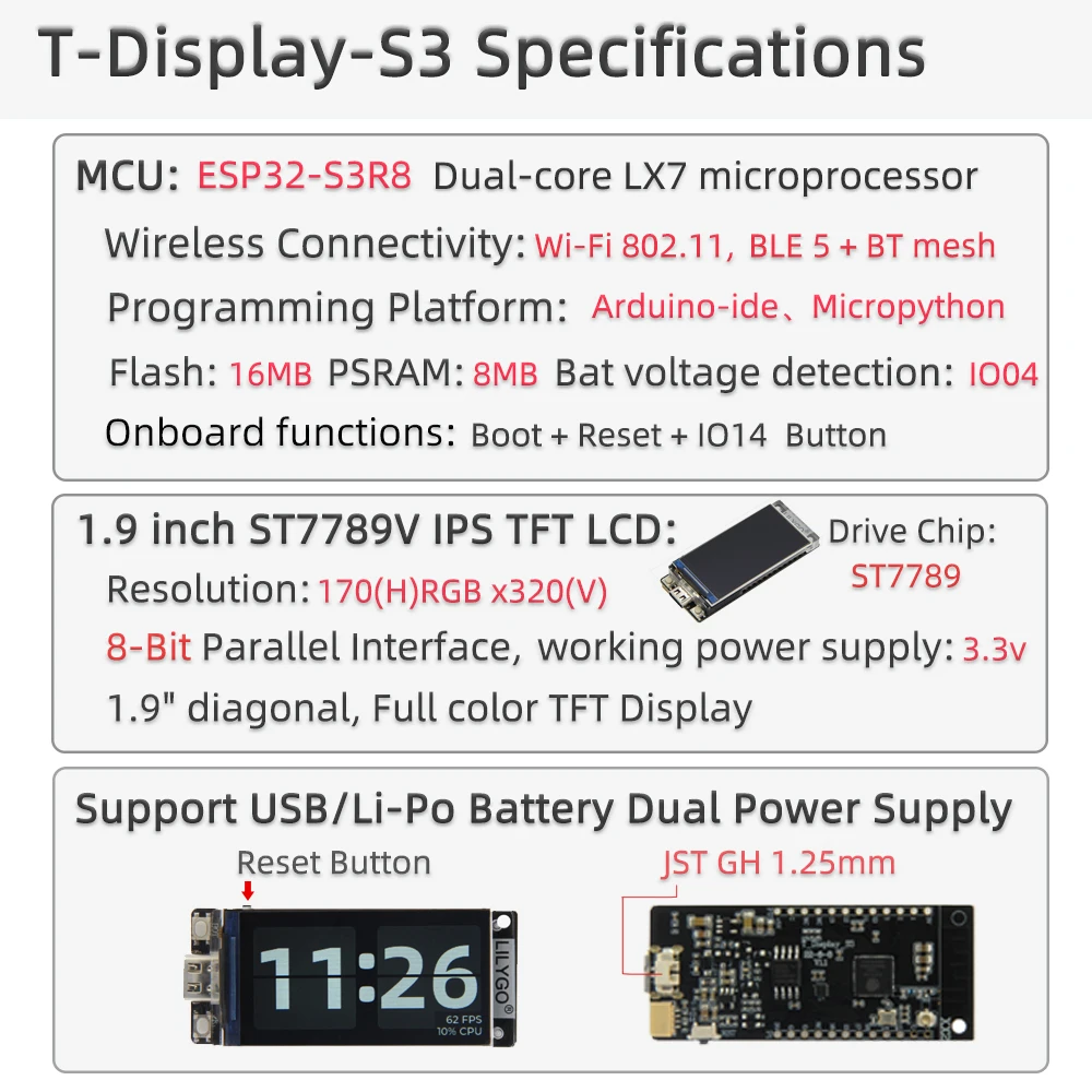 LILYGO® T-Display-S3 ESP32-S3 1 9 дюймов ST7789 плата разработки с ЖК-дисплеем Wi-Fi Bluetooth 170
