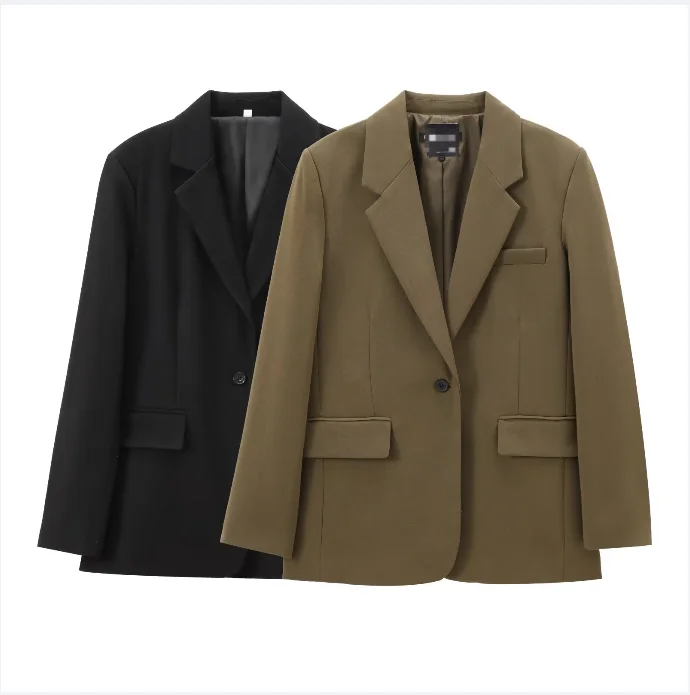 Women's 2025 new fashion flip decoration loose basic style lapel suit coat retro long sleeved button up women's chic top