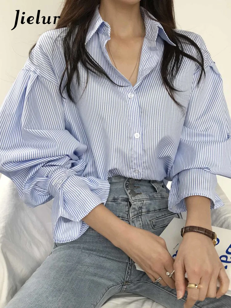 Jielur Vintage Striped Oversize Women Blouse Spring Summer Fashion Lantern Sleeve Buttons Loose Female Shirts Tops 2022 New