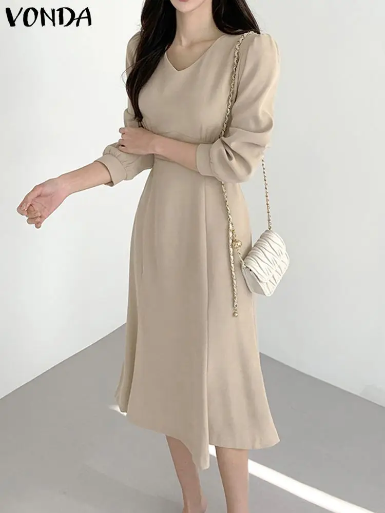 

2023 Summer Sundress VONDA Women Fishtail Dress Long Sleeve V-Neck Elegant Solid Color Office Casual Ruffled Party Midi Vestidos