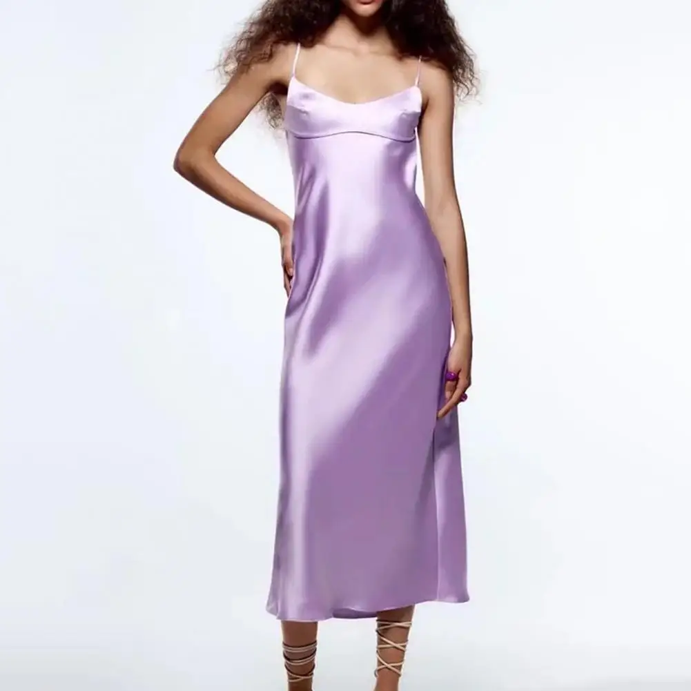 

Women Sexy Solid Color Faux Silk Gown Dress Low Collar Adjustable Sling Sleeveless Back Hollow Elegant Dress Party Clothing