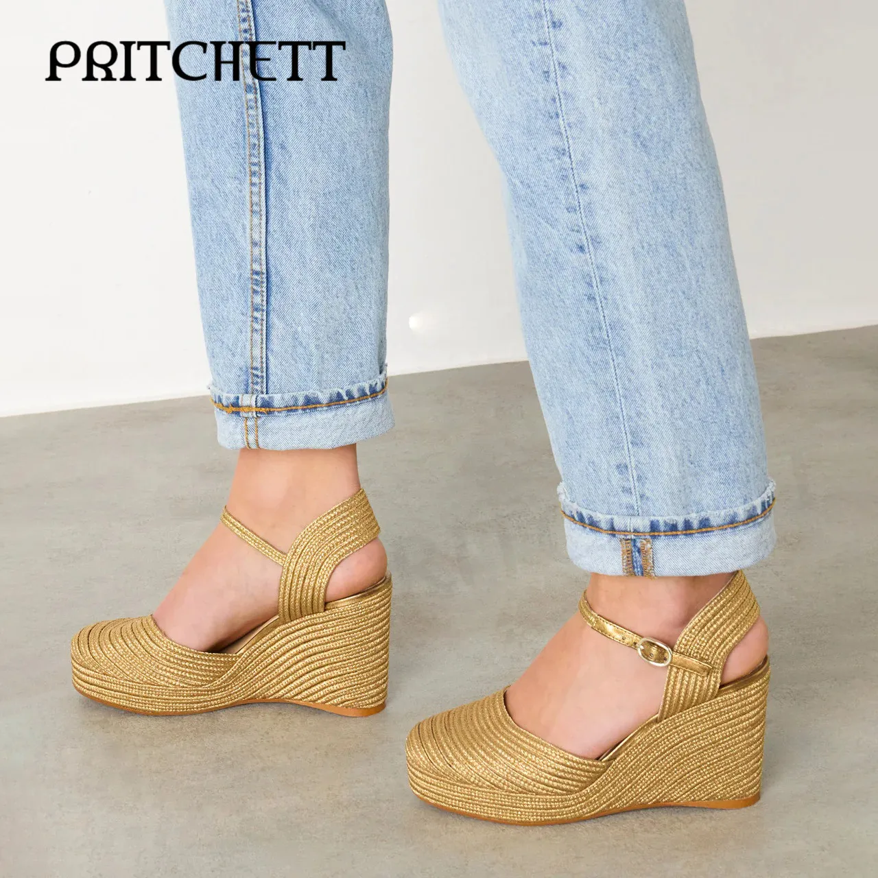 Gold Wedge Heel Espadrilles Round Toe Wedge Hollow Baotou High Heels Fashion Ankle Buckle Banquet Temperament Women's Shoes