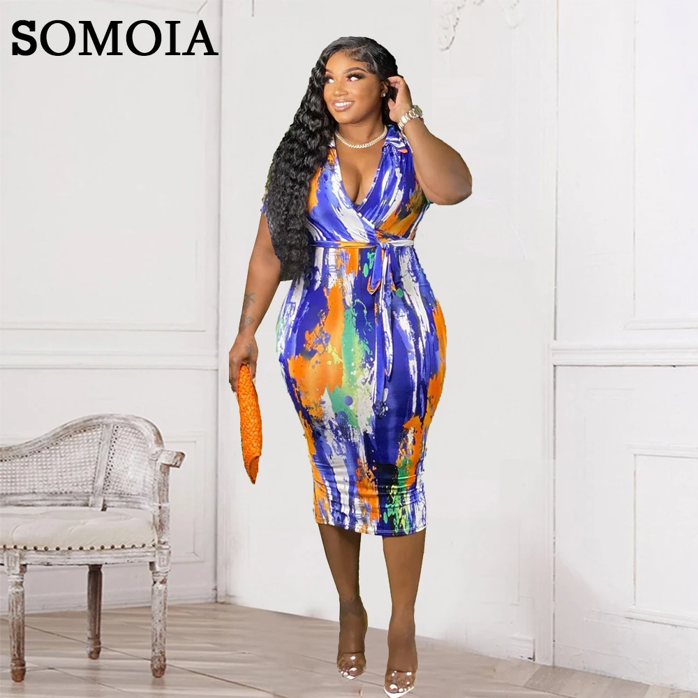 

SOMOIA Plus Size Women Clothing Sexy V-Neck High Waist Print Lace-Up Tight Dress Party Evening Dress Wholesale Dropshipping