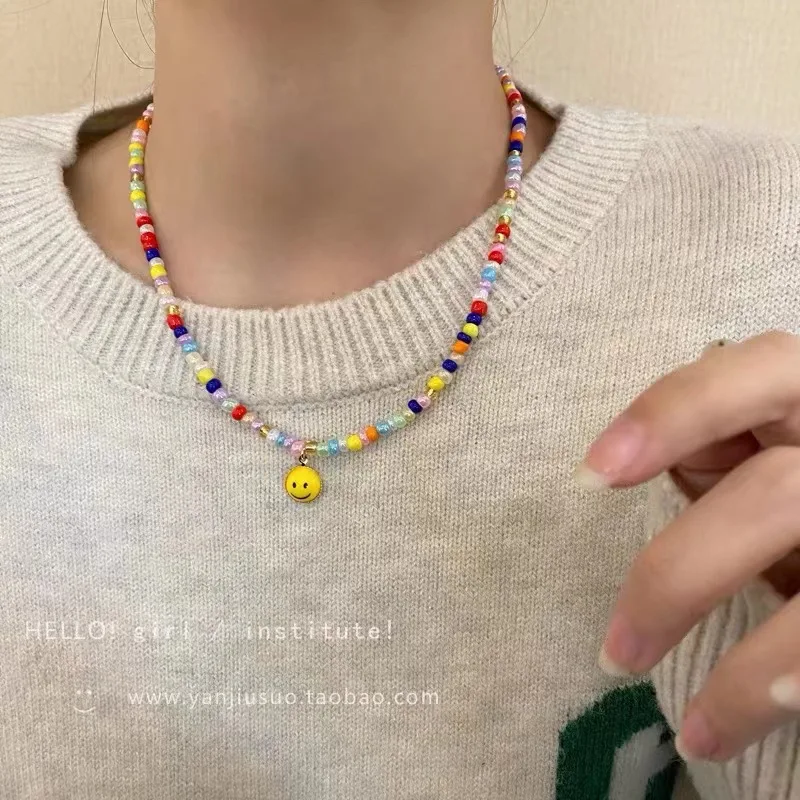 

New Style Colorful Beaded Smiley Face Necklace Female Korean Version Fashionable Unique Retro Clavicle Chain